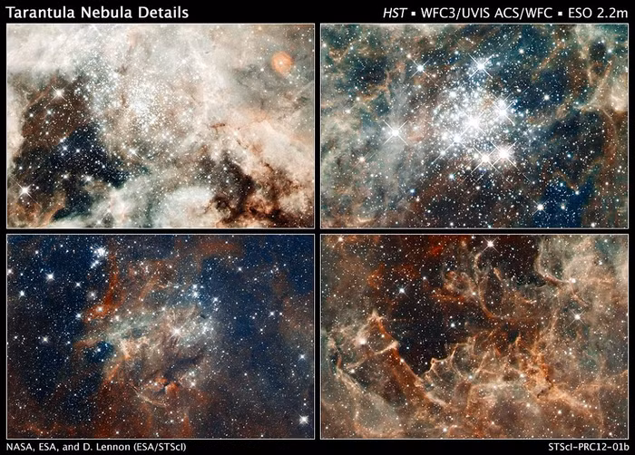 Hình ảnh mới và tuyệt vời về vùng hình thành sao 30 Doradus - vùng khai sinh ra hàng triệu ngôi sao mới, đã được tiết lộ nhân kỉ niệm sinh nhật lần thứ 22 của kính thiên văn Hubble. Vùng sao 30 Doradus bỗng nở bung với rất nhiều những ngôi sao mới sinh trên vũ trụ náo nhiệt sau hàng triệu năm. Hubble cho thấy các chòm sao có độ tuổi khác nhau (từ 2 triệu năm đến 25 triệu năm tuổi). Nguyên nhân của vụ bùng nổ sao này có thể do sự thúc đẩy phần nào của thiên hà nhỏ Magellanic gần đó. Hình ảnh cho thấy từng giai đoạn sinh sao bắt đầu từ gai đoạn sao phôi thai vài nghìn năm tuổi vẫn được bọc trong kén khí tối để bung ra những ngôi sao trẻ trong các vụ nổ siêu tân tinh. Bên cạnh những đám mấy khí nghệ thuật, những ngôi sao rực rỡ có thể sắp nổ bung và tạo ra thế hệ sao kế tiếp khi bức xạ tia cực tím chạm vào bức màn khí dày đặc, và tạo ra cú va đập mạnh.