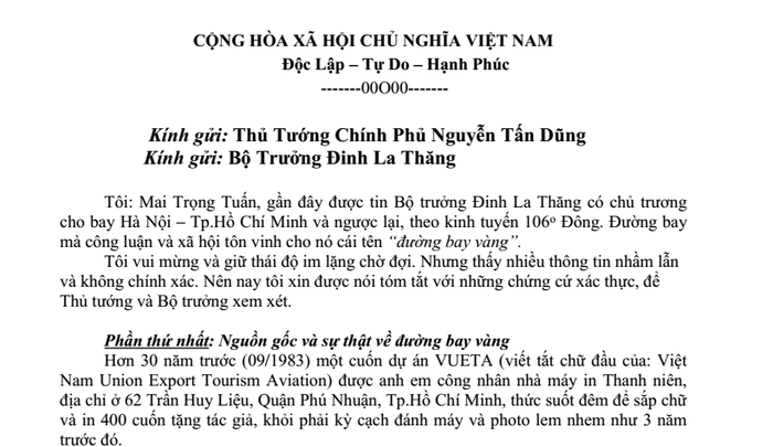 Cựu phi công Mai Trọng Tuấn cho biết sẽ gửi bức thư này lên Thủ tướng Chính phủ và Bộ trưởng Bộ GTVT. Cựu phi công Mai Trọng Tuấn cho biết sẽ gửi bức thư này lên Thủ tướng Chính phủ và Bộ trưởng Bộ GTVT.