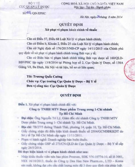 Quyết định xử phạt vi phạm của Cục Quản lý Dược với Công ty TNHH MTV Dược phẩm Trung ương 1 - Chi nhánh TP.HCM