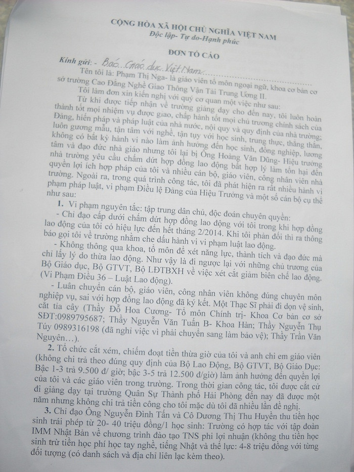 Đơn tố cáo của giáo viên Phạm Thị Nga Đơn tố cáo của giáo viên Phạm Thị Nga