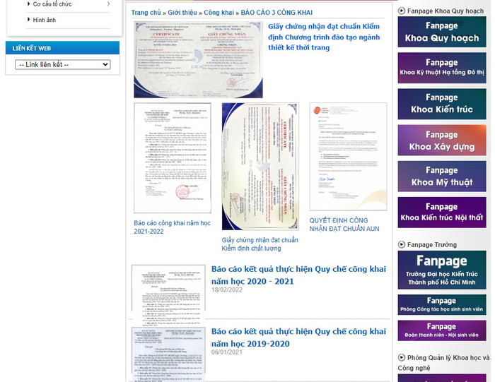 Dữ liệu báo cáo ba công khai của năm học gần nhất trên trang web của Trường Đại học Kiến trúc thành phố Hồ Chí Minh là năm học 2021 - 2022. Ảnh chụp màn hình ngày 27/2 bc ba công khai.jpg