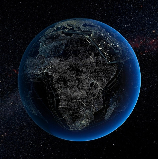 Hình ảnh Châu Phi về đêm. Tất cả các tuyến đường bộ, đường sắt và đường truyền được thắp sáng trên bản đồ cùng với các cáp dữ liệu dưới biển để kết nối các châu lục với nhau. Hình ảnh Châu Phi về đêm. Tất cả các tuyến đường bộ, đường sắt và đường truyền được thắp sáng trên bản đồ cùng với các cáp dữ liệu dưới biển để kết nối các châu lục với nhau.