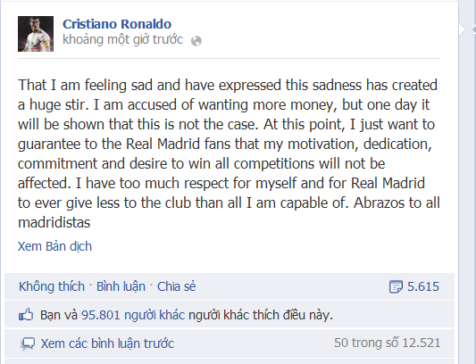 Như đã biết, Cristiano Ronaldo vừa lập cú đúp giúp Real Madrid có chiến thắng 3-0 trước Granada trên sân nhà Bernabeu, nhưng CR7 không hề có động thái ăn mừng bàn thắng thứ 149 và 150 của mình cho “Kền kền trắng”. Hơn nữa, sau trận đấu Ronaldo đã có những phát biểu lấp lửng: “Tôi đang rất buồn, và Real Madrid biết lý do tại sao…” khiến giới truyền thông khắp thế giới liên tiếp đưa ra những lời đồn đoán về câu nói trên của tiền vệ 27 tuổi này…