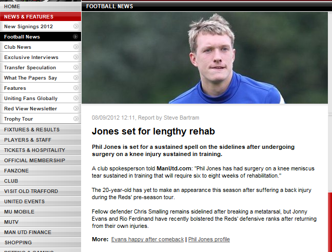 Người phát ngôn của Man United đã chính thức xác nhận: "Phil Jones vừa trải qua ca phẫu thuật đĩa đệm đầu gối và cần khoảng thời gian từ 6-8 tuần để có thể hồi phục".