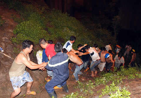 Lực lượng cứu hộ đang kéo chiếc xe lên bờ. Lực lượng cứu hộ đang kéo chiếc xe lên bờ.