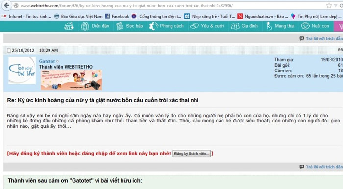 Trên nhiều diễn đàn, câu chuyện của nữ y tá giật nước bồn cầu cuốn trôi xác thai nhi đang được bàn luận xôn xao. Trên nhiều diễn đàn, câu chuyện của nữ y tá giật nước bồn cầu cuốn trôi xác thai nhi đang được bàn luận xôn xao.