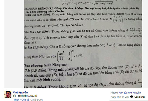 Đề thi Toán được phát tán trên mạng khi môn thi này chưa hết 2/3 thời gian.