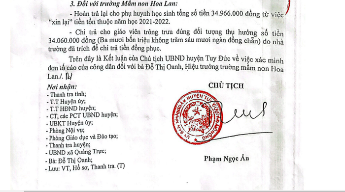 Cơ quan chức năng kết luận nhiều nội dung tố cáo Hiệu trưởng Trường Mầm non Hoa Lan sai phạm là có thật và yêu cầu xử lý. Ảnh: AN Cơ quan chức năng kết luận nhiều nội dung tố cáo Hiệu trưởng Trường Mầm non Hoa Lan sai phạm là có thật và yêu cầu xử lý. Ảnh: AN
