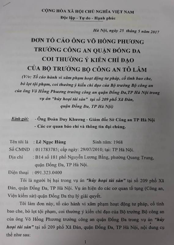 Đơn tố cáo ông Võ Hồng Phương, Trưởng Công an quận Đống Đa coi thường ý kiến chỉ đạo của Bộ trưởng Bộ Công an do ông Lê Ngọc Hùng gửi Báo điện tử Giáo dục Việt Nam. Ảnh Hoàng Linh.