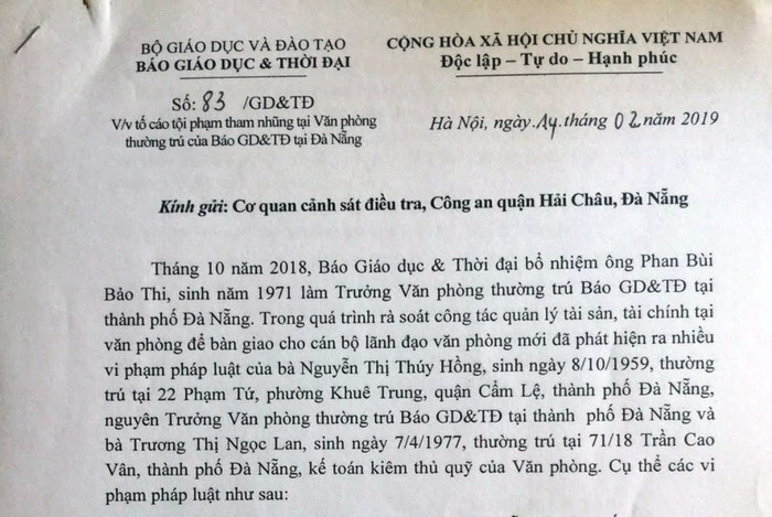 Văn bản tố giác tội phạm của Báo Giáo dục và Thời đại.