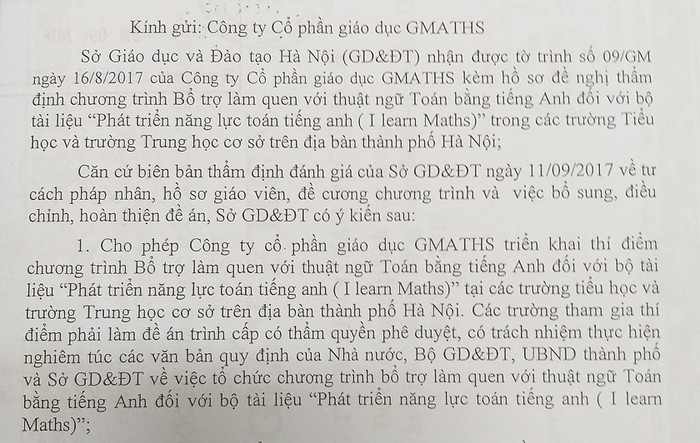 Sở chỉ cho phép Gmaths triển khai thí điểm chương trình bổ trợ làm quen với thuật ngữ toán bằng tiếng Anh chứ không dạy toán bằng tiếng Anh (ảnh Trinh Phúc). Sở chỉ cho phép Gmaths triển khai thí điểm chương trình bổ trợ làm quen với thuật ngữ toán bằng tiếng Anh chứ không dạy toán bằng tiếng Anh (ảnh Trinh Phúc).