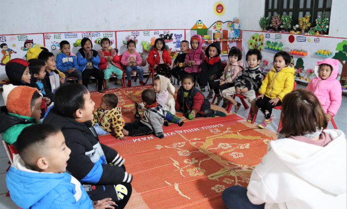Giờ học ở điểm trường Yên Thành, Trường Mầm non Yên Thành. Ảnh: Ngân Chi.