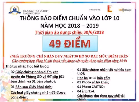 Thông báo điểm chuẩn vào lớp 10 của trường Tạ Quang Bửu chiều 30/6 là 49 điểm