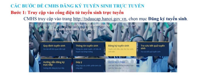 Phụ huynh Hà Nội có con vào lớp 1 năm học 2018-2019 có thể đăng ký tuyển sinh trực tuyến từ ngày 1-3/7. (Ảnh chụp màn hình) Phụ huynh Hà Nội có con vào lớp 1 năm học 2018-2019 có thể đăng ký tuyển sinh trực tuyến từ ngày 1-3/7. (Ảnh chụp màn hình)
