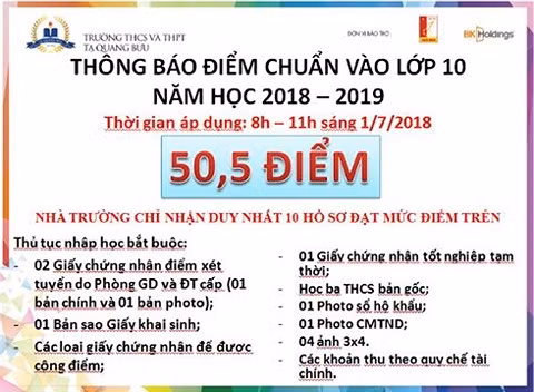 Thông báo điểm chuẩn vào lớp 10 của trường Tạ Quang Bửu sáng 1/7 lại "nhảy vọt" lên 50,5 điểm