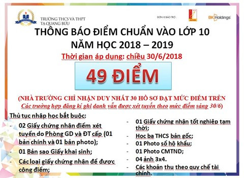 Thông báo điểm chuẩn vào lớp 10 của trường Tạ Quang Bửu chiều 30/6 là 49 điểm