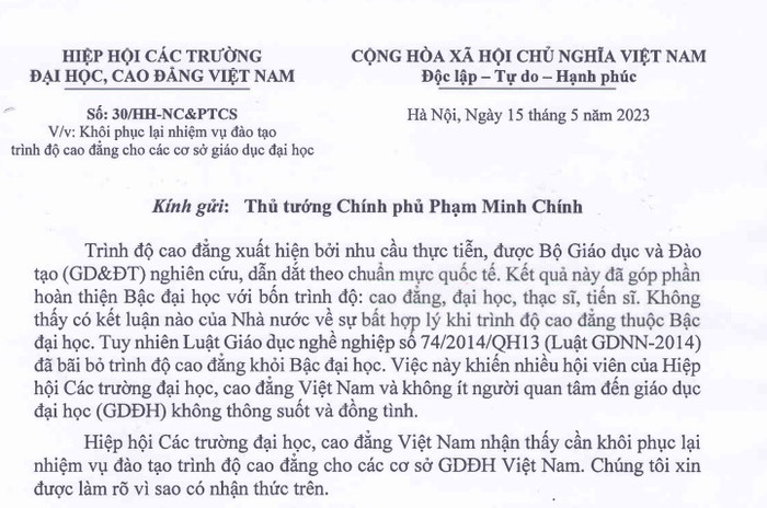 Công văn số 30/HH-NC&PTCS, ngày 15/5/2023, Hiệp hội Các trường đại học, cao đẳng Việt Nam gửi Thủ tướng Chính phủ Phạm Minh Chính Công văn số 30/HH-NC&PTCS, ngày 15/5/2023, Hiệp hội Các trường đại học, cao đẳng Việt Nam gửi Thủ tướng Chính phủ Phạm Minh Chính