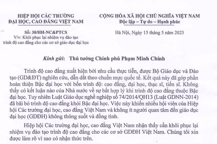 Công văn số 30/HH-NC&amp;PTCS, ngày 15/5/2023, Hiệp hội Các trường đại học, cao đẳng Việt Nam gửi Thủ tướng Chính phủ Phạm Minh Chính