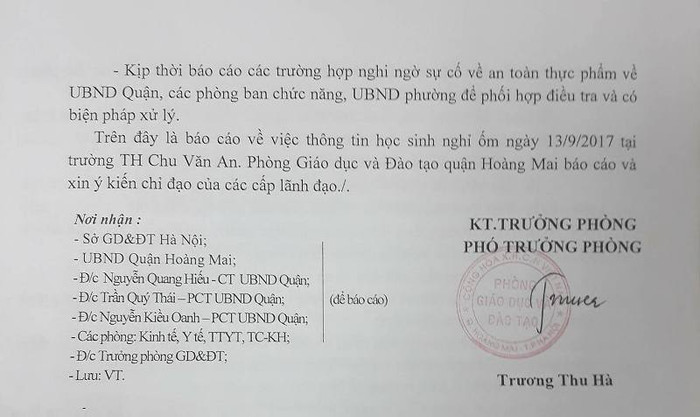 Báo cáo số 90/BC-PGD&amp;ĐT của Phòng Giáo dục và Đào tạo gửi Sở Giáo dục và Đào tạo Hà Nội, Uỷ ban nhân dân quận Hoàng Mai ngày 14/09/2017. Ảnh Trần Việt.