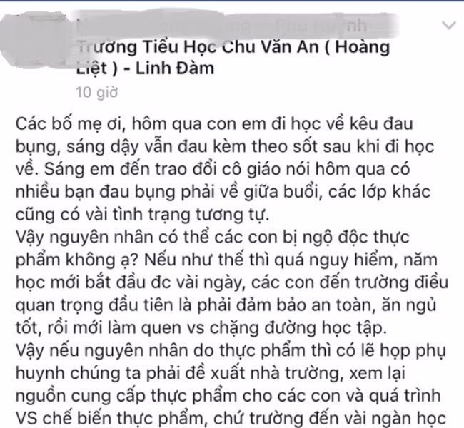 Chia sẻ bức xúc của một phụ huynh có con bị đau bụng, buồn nôn và sốt. Ảnh chụp màn hình.