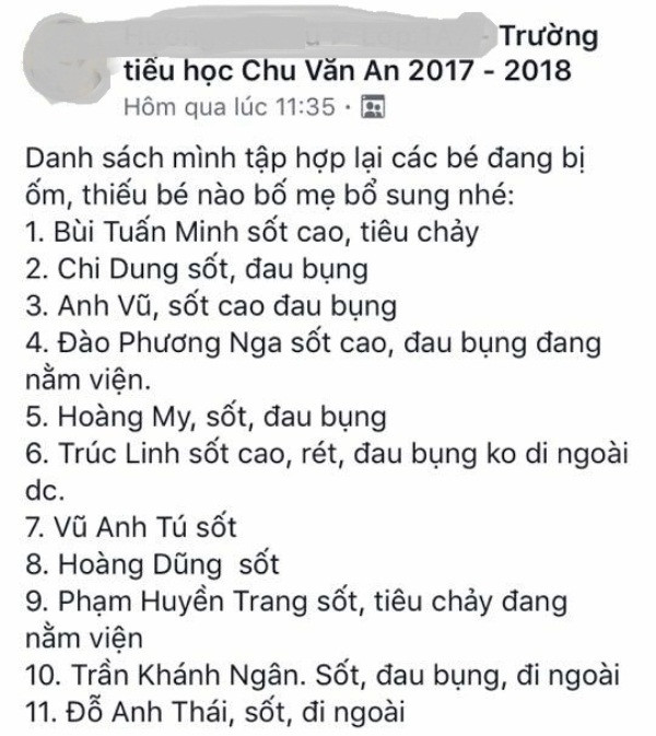 Danh sách một số em học sinh bị đau bụng buồn nôn trong lớp 1A7 được phụ huynh chia sẻ. Ảnh chụp màn hình