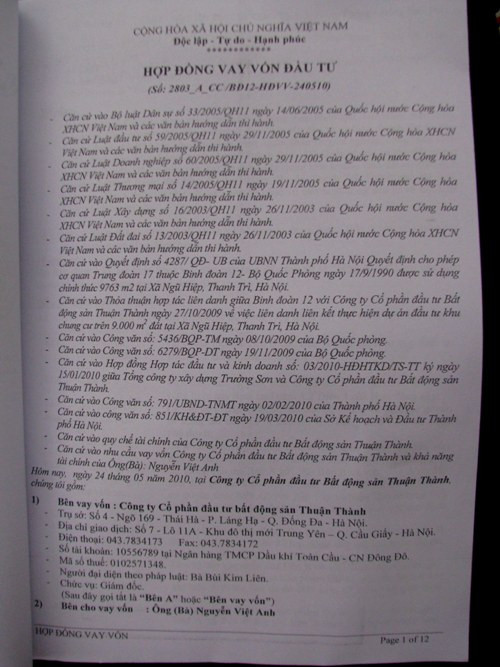 Một phần nội dung hợp đồng công ty BĐS Thuận Thành đã ký với các nhà đầu tư
