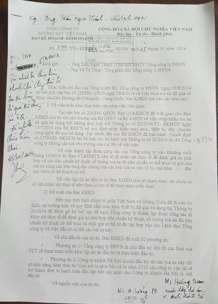 Văn bản có bút phê của lãnh đạo Tổng Công ty Đường sắt Việt Nam đồng ý chủ trương mua tàu cũ của Trung Quốc.