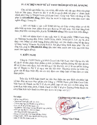 Quyết định xử phạt của Thanh tra Bộ Y tế đối với những vi phạm của Công ty Coca-cola Việt Nam trong lĩnh vực an toàn thực phẩm Quyết định xử phạt của Thanh tra Bộ Y tế đối với những vi phạm của Công ty Coca-cola Việt Nam trong lĩnh vực an toàn thực phẩm