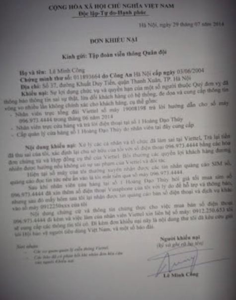 Đơn khiếu nại của khách hàng gửi đến Tập đoàn Viễn thông Quân đội - Viettel