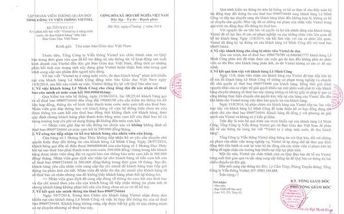 Văn bản trả lời của Viettel gửi đến Báo Điện tử Giáo dục Việt Nam. Văn bản trả lời của Viettel gửi đến Báo Điện tử Giáo dục Việt Nam.