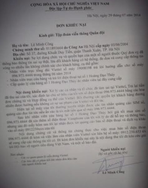 Đơn khiếu nại của khách hàng gửi đến Tập đoàn Viễn thông Quân đội - Viettel Đơn khiếu nại của khách hàng gửi đến Tập đoàn Viễn thông Quân đội - Viettel