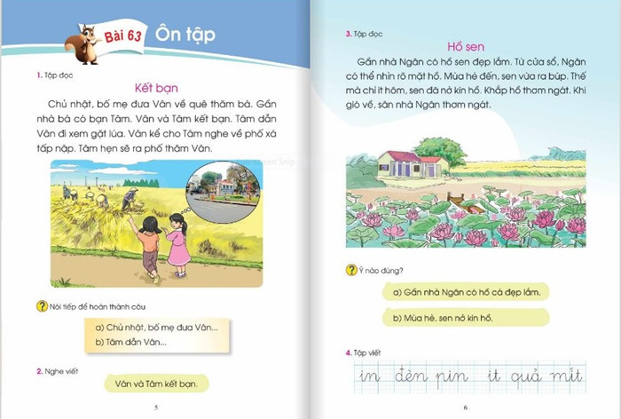 với bài tập đọc "Cua, cò và đàn cá" (1) và (2), nhóm biên soạn sách đã thêm 2 bài đọc khác để bổ sung là "Kết bạn" và "Hồ sen" (ảnh chụp màn hình) với bài tập đọc "Cua, cò và đàn cá" (1) và (2), nhóm biên soạn sách đã thêm 2 bài đọc khác để bổ sung là "Kết bạn" và "Hồ sen" (ảnh chụp màn hình)