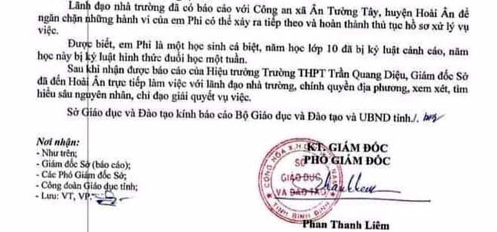 Văn bản báo cáo Bộ Giáo dục và Đào tạo của sở Giáo dục tỉnh Bình Định ngày 18/12 khẳng định em Phi là học sinh cá biệt. Ảnh: AP Văn bản báo cáo Bộ Giáo dục và Đào tạo của sở Giáo dục tỉnh Bình Định ngày 18/12 khẳng định em Phi là học sinh cá biệt. Ảnh: AP