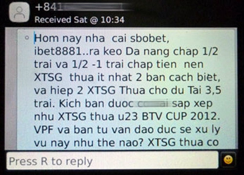 Tin nhắn lạ tố CLB Xi măng Xuân Thành Sài Gòn bán độ ở trận tranh Siêu Cúp Quốc gia 2012. Tin nhắn lạ tố CLB Xi măng Xuân Thành Sài Gòn bán độ ở trận tranh Siêu Cúp Quốc gia 2012.