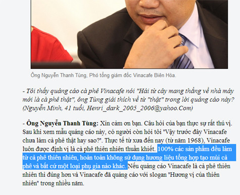Tuyên bố cà phê không dùng phụ gia của lãnh đạo Vinacafe.
