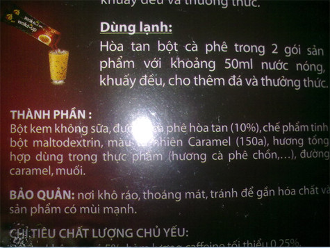 Tuyên bố tất cả các sản phẩm hoàn toàn không sử dụng hương liệu tổng hợp tạo mùi cà phê, tuy nhiên, cà phê Wake up của Vinacafe lại sử dụng “hương tổng hợp dùng trong thực phẩm (hương cà phê chồn)”.