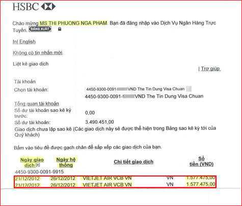 Sau 6 ngày, kể từ khi giao dịch đặt vé VietJetAir được xác nhận thành công (qua email), tài khoản của chị Nga mới chính thức bị trừ tiền. Sau 6 ngày, kể từ khi giao dịch đặt vé VietJetAir được xác nhận thành công (qua email), tài khoản của chị Nga mới chính thức bị trừ tiền.