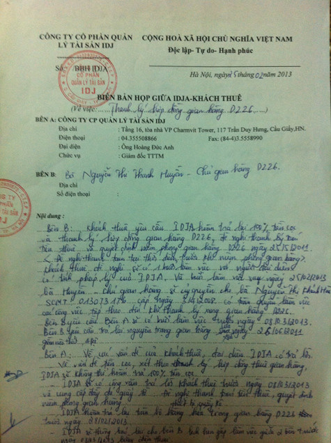 Biên bản làm việc giữa khách thuê và IDJ A, công ty quản lý TTTM Grand Plaza. Biên bản làm việc giữa khách thuê và IDJ A, công ty quản lý TTTM Grand Plaza.