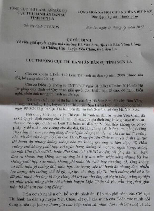 Quyết định số 04//QĐ - CTHA ngày 21/09/2017 của Cục trưởng Cục Thi hành án dân sự tỉnh Sơn La về việc giải quyết khiếu nại của ông Hà Văn Sơn. Ảnh Trần Việt. Quyết định số 04//QĐ - CTHA ngày 21/09/2017 của Cục trưởng Cục Thi hành án dân sự tỉnh Sơn La về việc giải quyết khiếu nại của ông Hà Văn Sơn. Ảnh Trần Việt.