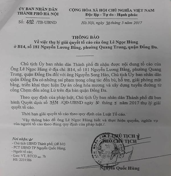 Thông báo số 492/TB-UBND ngày 30/05/2017 về việc thụ lý giải quyết đơn tố cáo của ông Lê Ngọc Hùng của Chủ tịch thành phố Hà Nội. Ảnh Đình Long.