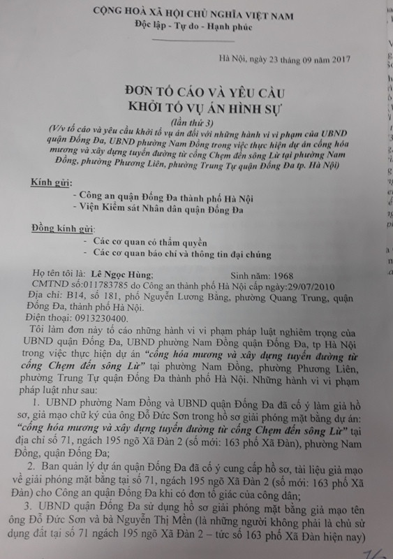 Đơn tố cáo và yêu cầu khởi tố vụ án đối với những hành vi vi phạm của quận Đống Đa, phường Nam Đồng trong việc thực hiện dự án cống hóa mương và xây dựng tuyến đường từ cống Chẹm đến sông Lừ. Ảnh Đình Long