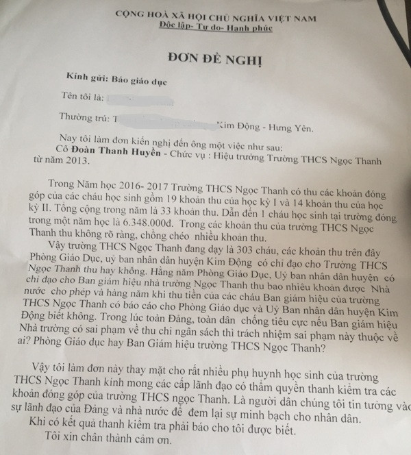 Đơn đề nghị của phụ huyh gửi Báo Điện tử Giáo dục Việt Nam. Ảnh P.H