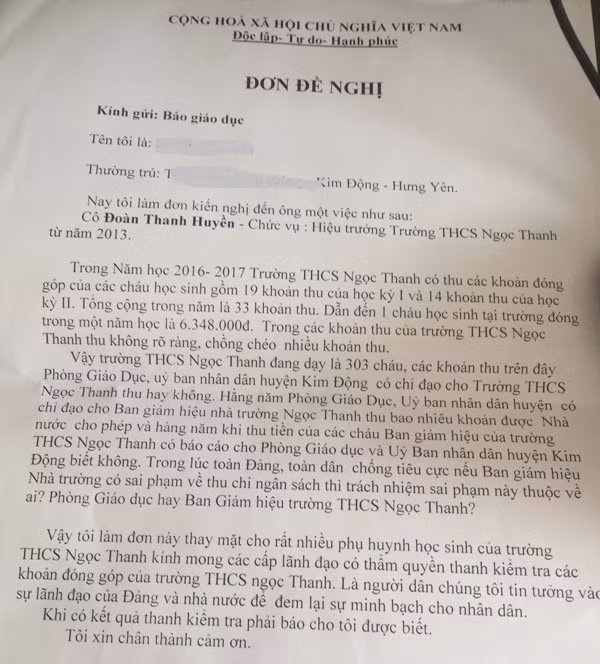 Đơn đề nghị của phụ huyh gửi Báo Điện tử Giáo dục Việt Nam. Ảnh P.H