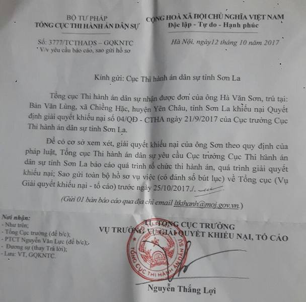 Văn bản số 3777/TCTHADS - GQKNTC về việc yêu cầu báo cáo, sao gửi hồ sơ của Tổng cục Thi hành án dân sự gửi Cục Thi hành án dân sự tỉnh Sơn La liên quan đến việc tổ chức thi hành án và giải quyết khiếu nại, tố cáo của ông Hà Văn Sơn. Ảnh Trần Việt. Văn bản số 3777/TCTHADS - GQKNTC về việc yêu cầu báo cáo, sao gửi hồ sơ của Tổng cục Thi hành án dân sự gửi Cục Thi hành án dân sự tỉnh Sơn La liên quan đến việc tổ chức thi hành án và giải quyết khiếu nại, tố cáo của ông Hà Văn Sơn. Ảnh Trần Việt.