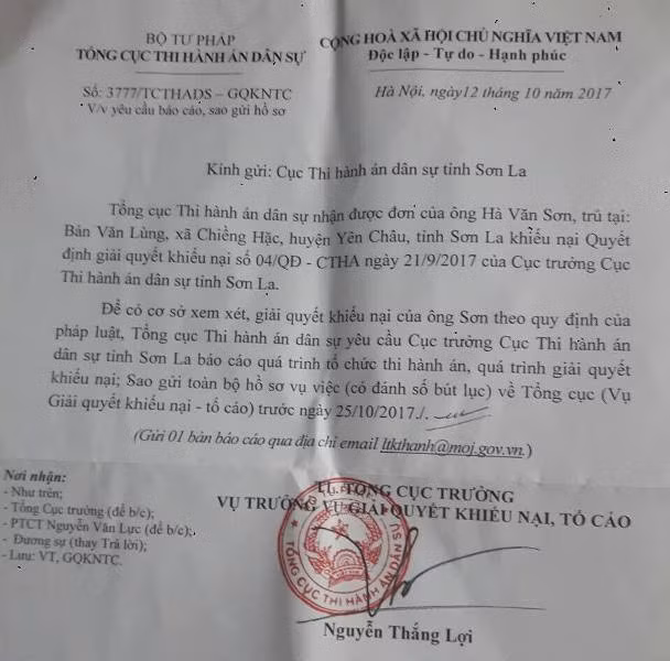 Văn bản số 3777/TCTHADS - GQKNTC về việc yêu cầu báo cáo, sao gửi hồ sơ của Tổng cục Thi hành án dân sự gửi Cục Thi hành án dân sự tỉnh Sơn La liên quan đến việc tổ chức thi hành án và giải quyết khiếu nại, tố cáo của ông Hà Văn Sơn. Ảnh Trần Việt.