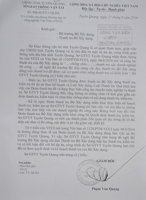 Văn bản có ý kiến phản bác lại nhận định của VCCI do Sở Giao thông vận tải Tuyên Quang gửi Bộ Xây dựng. Văn bản có ý kiến phản bác lại nhận định của VCCI do Sở Giao thông vận tải Tuyên Quang gửi Bộ Xây dựng.