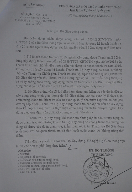 Văn bản phúc đáp của Bộ Xây dựng - ảnh H.Lực. Văn bản phúc đáp của Bộ Xây dựng - ảnh H.Lực.
