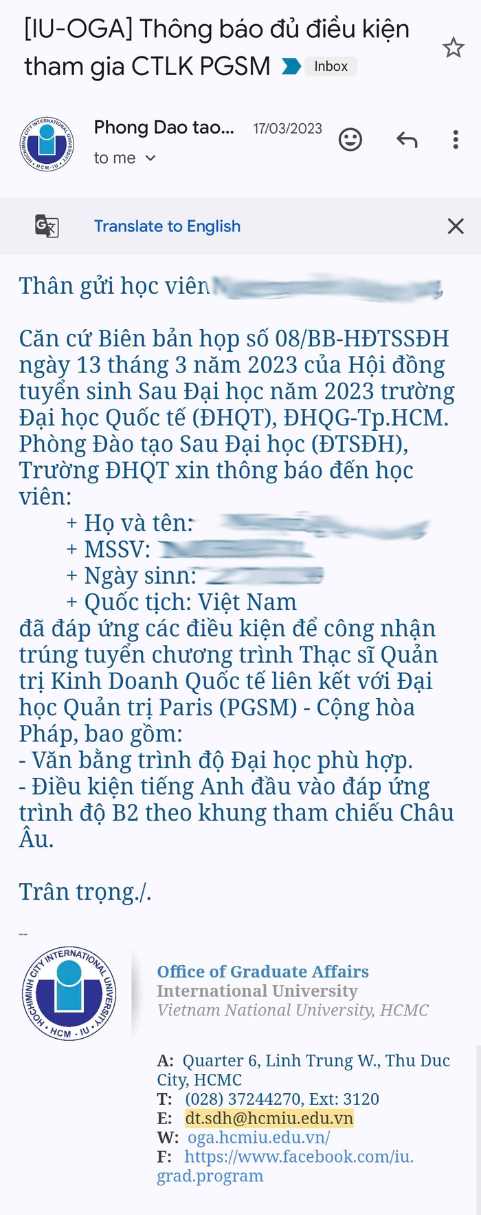 Thông báo trúng tuyển với học viên khóa 18 được gửi từ email của Phòng Đào tạo Sau Đại học. GDVN_tb tt.png