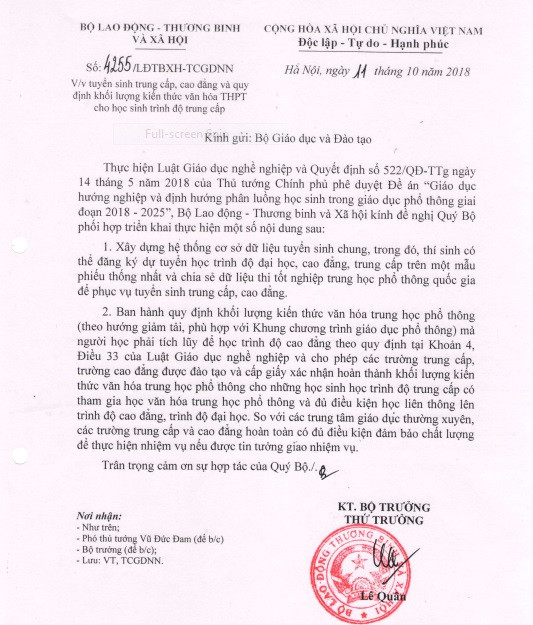 Thực hiện Luật Giáo dục nghề nghiệp và Quyết định số 522/QĐ-TTg của Thủ tướng Chính phủ phê duyệt Đề án “giáo dục hướng nghiệp và định hướng phân luồng học sinh trong giáo dục phổ thông giai đoạn 2018-2020”, ngày 11/10/2018, Thứ trưởng Bộ Lao động Thương binh và Xã hội – Lê Quân đã có văn bản đề nghị Bộ Giáo dục và Đào tạo phối hợp triển khai thực hiện một số nội dung (Ảnh chụp màn hình) Thực hiện Luật Giáo dục nghề nghiệp và Quyết định số 522/QĐ-TTg của Thủ tướng Chính phủ phê duyệt Đề án “giáo dục hướng nghiệp và định hướng phân luồng học sinh trong giáo dục phổ thông giai đoạn 2018-2020”, ngày 11/10/2018, Thứ trưởng Bộ Lao động Thương binh và Xã hội – Lê Quân đã có văn bản đề nghị Bộ Giáo dục và Đào tạo phối hợp triển khai thực hiện một số nội dung (Ảnh chụp màn hình)