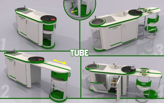 Căn bếp mini "Tube" “ Tube” là ý tưởng của nhà thiết kế Faith Can Sarioz. Đây là một căn bếp nhỏ gọn nên rất phù hợp với những căn hộ nhỏ ở thành phố, cho phép bạn chế biến các món ăn sạch, ngon và giàu dinh dưỡng trong khoảng thời gian ngắt , đặc biệt với những người thường xuyên bận bịu với công việc. “Tube” được thiết kế với hai phần hình ống hai bên và được nối bằng một khung ở giữa, gồm tủ kính hai tầng đựng cốc chén và phần bếp nấu tròn sử dụng công nghệ cảm biến nhiệt có thể tự đun nấu thức ăn, một tủ kéo giúp bạn cất thức ăn . Bên cạnh đó, khi kéo một bên ống ra, phía trên sẽ trở thành bàn ăn nhỏ cho gia đình của bạn và phía dưới là gầm bếp rộng để xoong nồi. Thiết kế nhỏ gọn và thông minh này thực sự đem lại nhiều tiện ích cho những căn hộ chung cư nhỏ. Căn bếp mini "Tube" “ Tube” là ý tưởng của nhà thiết kế Faith Can Sarioz. Đây là một căn bếp nhỏ gọn nên rất phù hợp với những căn hộ nhỏ ở thành phố, cho phép bạn chế biến các món ăn sạch, ngon và giàu dinh dưỡng trong khoảng thời gian ngắt , đặc biệt với những người thường xuyên bận bịu với công việc. “Tube” được thiết kế với hai phần hình ống hai bên và được nối bằng một khung ở giữa, gồm tủ kính hai tầng đựng cốc chén và phần bếp nấu tròn sử dụng công nghệ cảm biến nhiệt có thể tự đun nấu thức ăn, một tủ kéo giúp bạn cất thức ăn . Bên cạnh đó, khi kéo một bên ống ra, phía trên sẽ trở thành bàn ăn nhỏ cho gia đình của bạn và phía dưới là gầm bếp rộng để xoong nồi. Thiết kế nhỏ gọn và thông minh này thực sự đem lại nhiều tiện ích cho những căn hộ chung cư nhỏ.